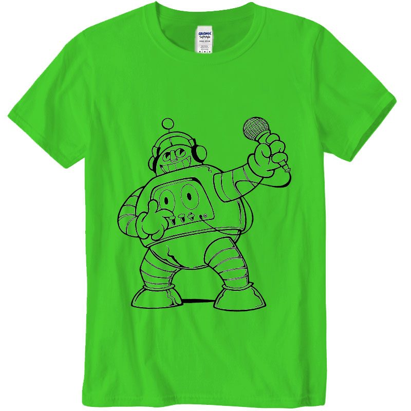 a green t-shirt with a robot design on it