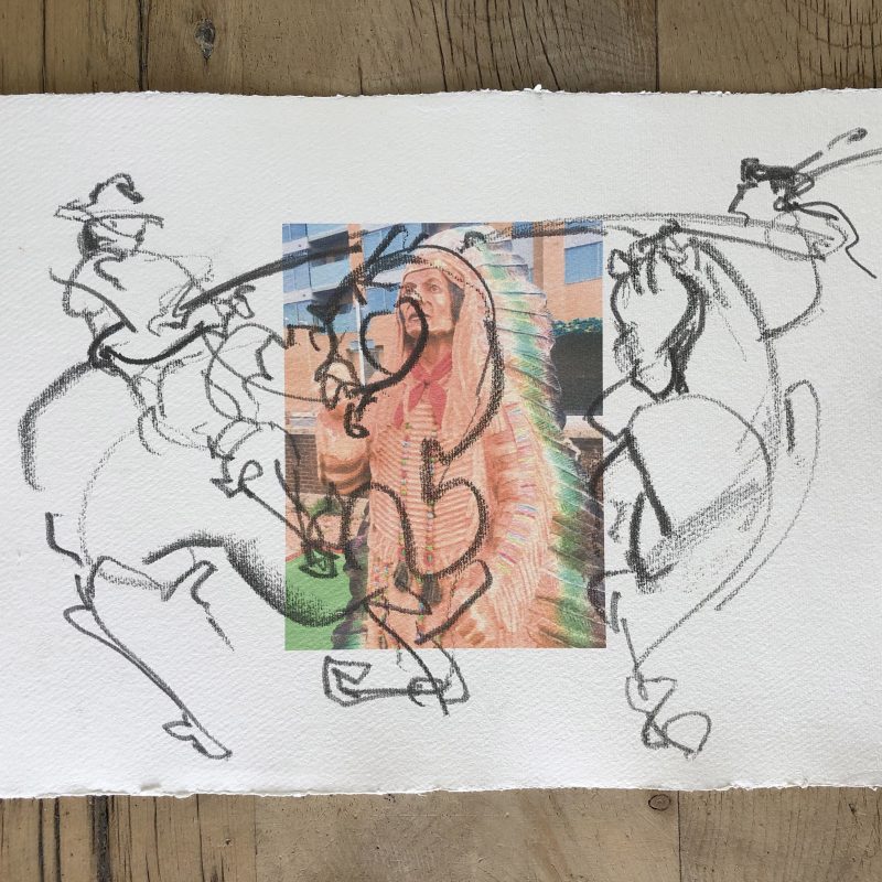 Figurative action drawing of First Nations man fighting cowboy over a digital print on Khadi Rag paper 