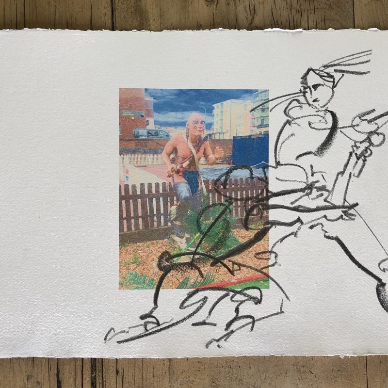 Figurative action drawing of First Nations man fighting cowboy over a digital print on Khadi Rag paper 