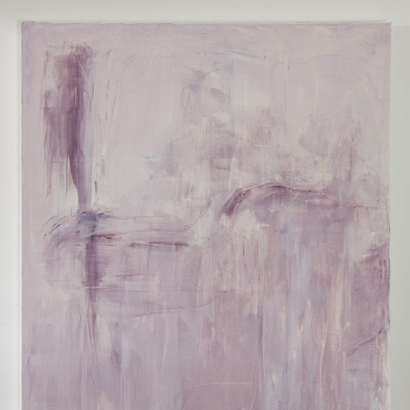 Abstract oil painting in a dusty pink colour with a faint light blue in the right bottom corner. 