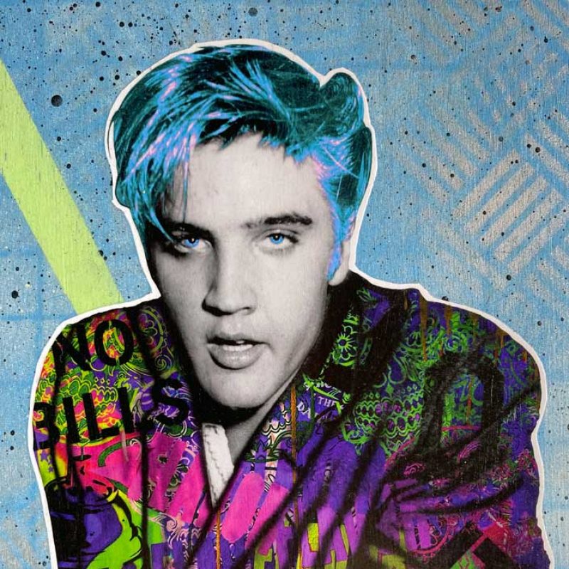 A 50's image of Elvis with blue hair and a brightly graffiti'd jacket
