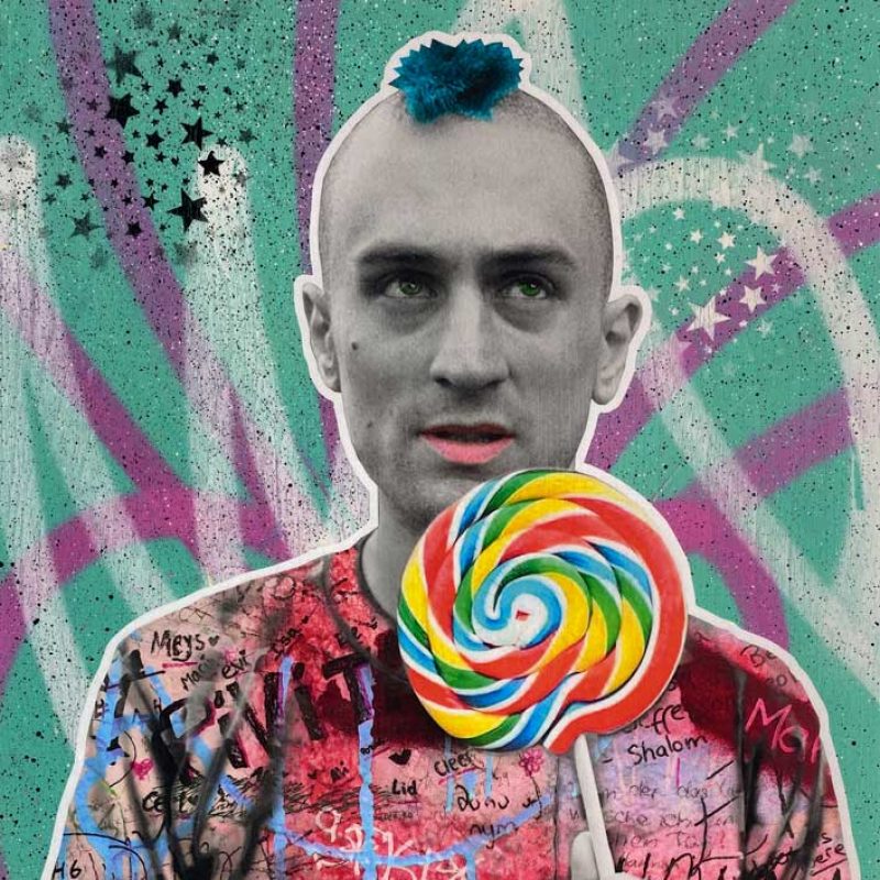 A highly stylized image of Robert De Niro with a bright multicoloured lolly pop