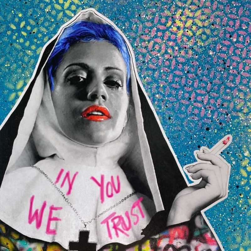 A stylized image of a nun smoking. Britney Murphy in a film.