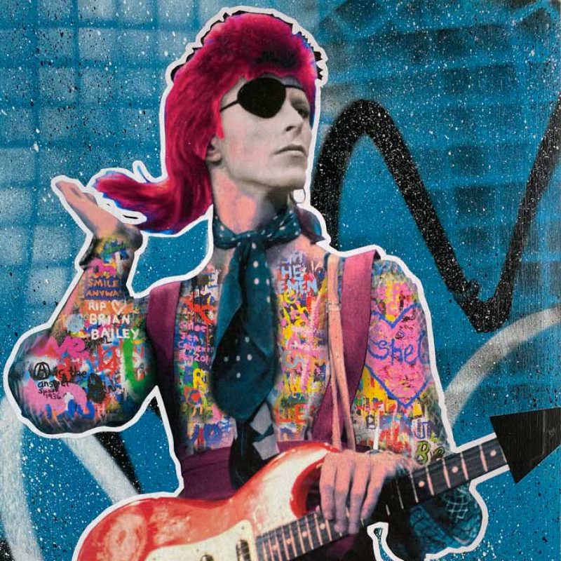 A 1975 stylized image of David Bowie in a multicoloured costume, playing guitar as Ziggy stardust