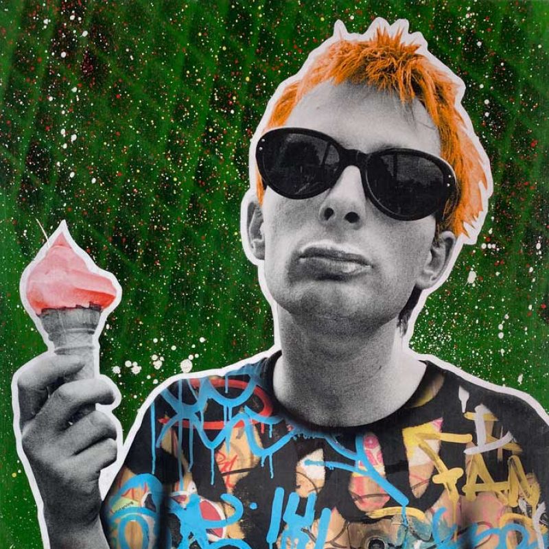 A stylized image of Thom Yorke with a brightly graffiti'd t shirt and a Mr Whippy ice cream