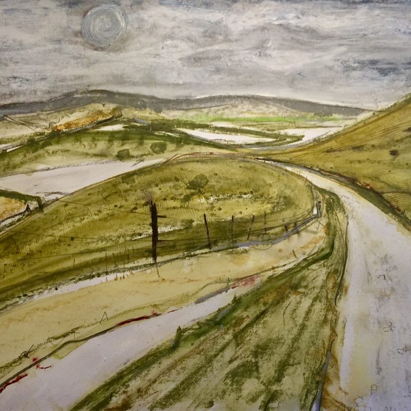 Semi abstract view of the Downs with a chalk path leading down top of a hill