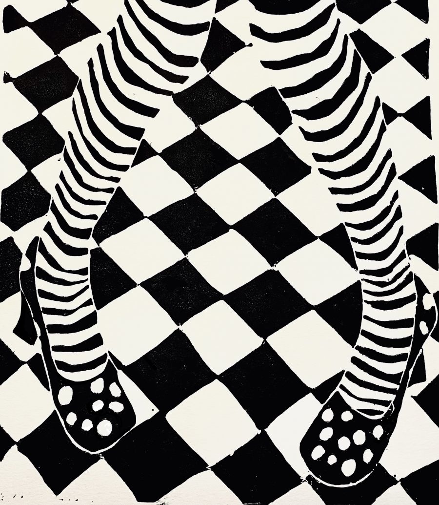 A Linocut print with black ink on white paper, showing a pair of ladies legs from thigh to toes wearing black and white horizontal striped tights and round toed black with white spot high heeled shoes standing on a black and white checkerboard floor. 