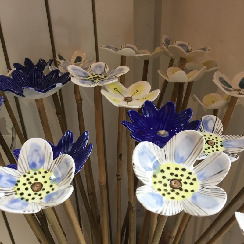 Large Porcelain flowers hand painted on wooden sticks to go in the garden