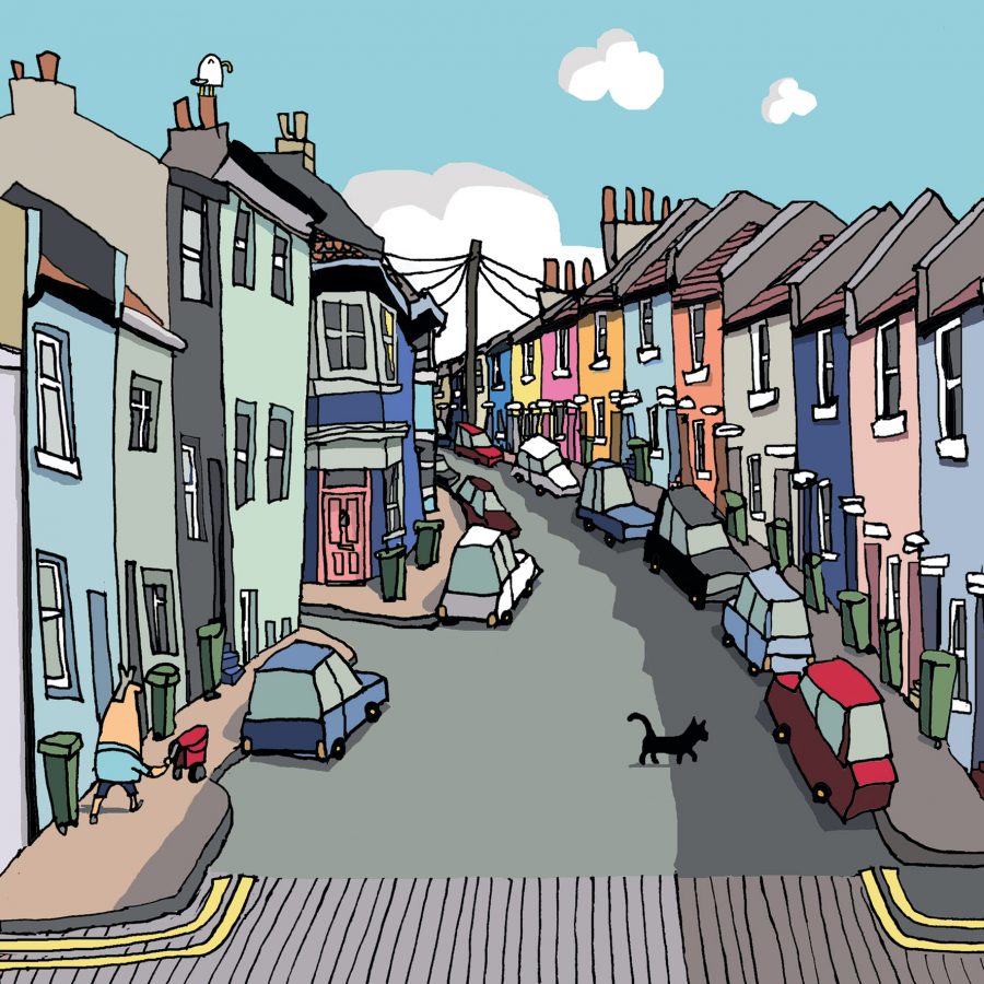 Cartoon-style illustration of Albion Hill, including The Coal Hole.