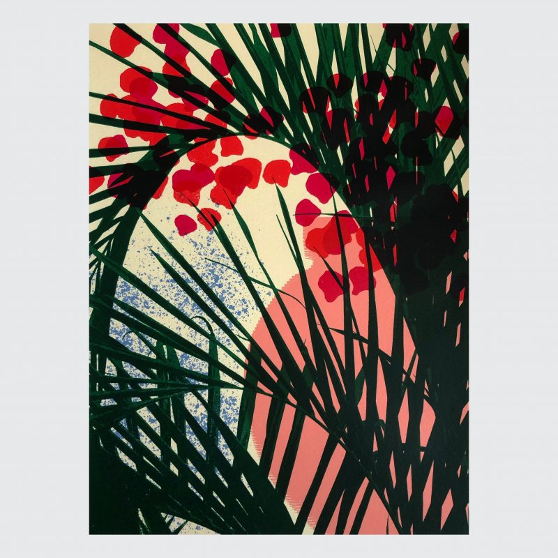 Screenprint of a palm frond against a colourful background