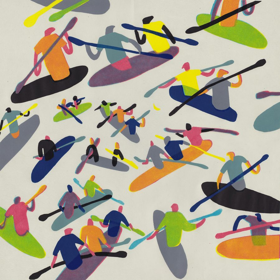 A colourful graphic linocut print of a group of kayakers