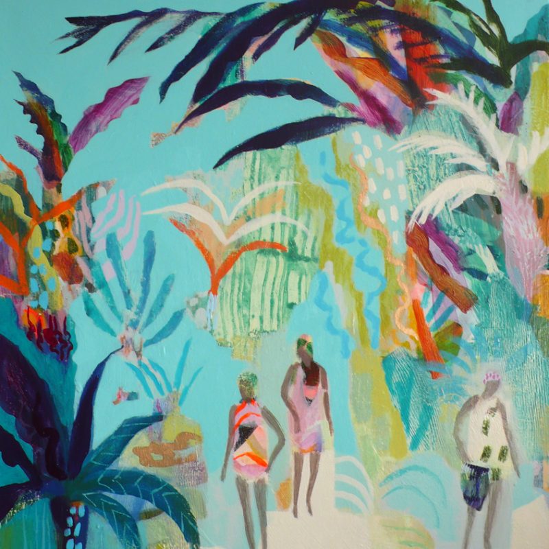 a painting depicting three swimmers dressed in bright swimsuits about to take a swim in the sea, surrounded by a vivid turquoise background and lush tropical plants.