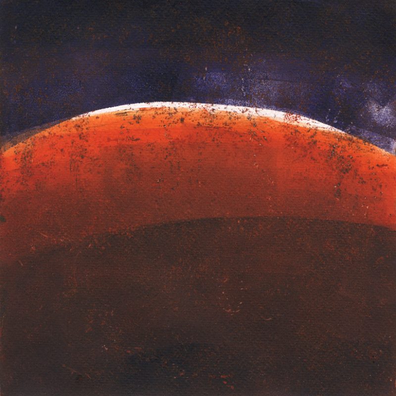 Square print with large orange red arc on dark blue.