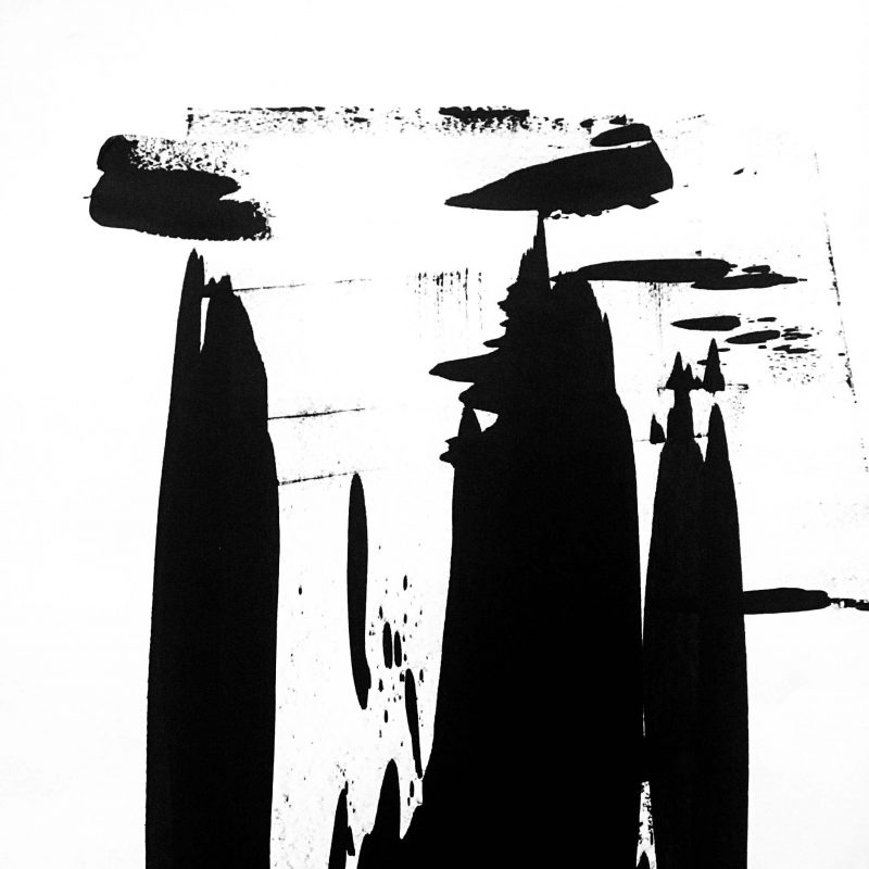 Black acrylic paint applied to paper using an abstract process to create large blocks of black on white