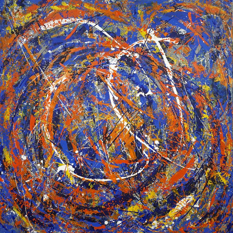 An abstract piece with layers of orange and blue swirls and splatters. 
