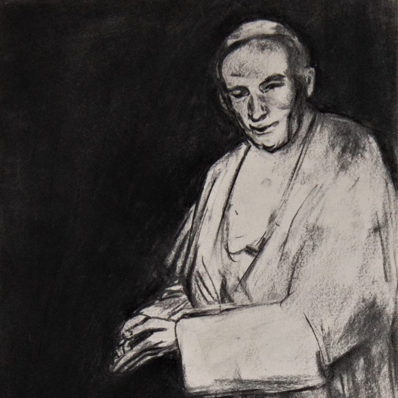 A Papal figure, possibly Pope John Paul I, hands folded and outstretched to his side against an inky black background.