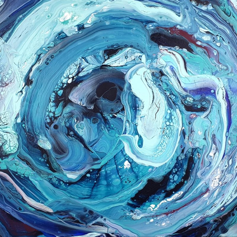 flowing paints in a circular motion, swirling cells, shades of blue and a touch of red