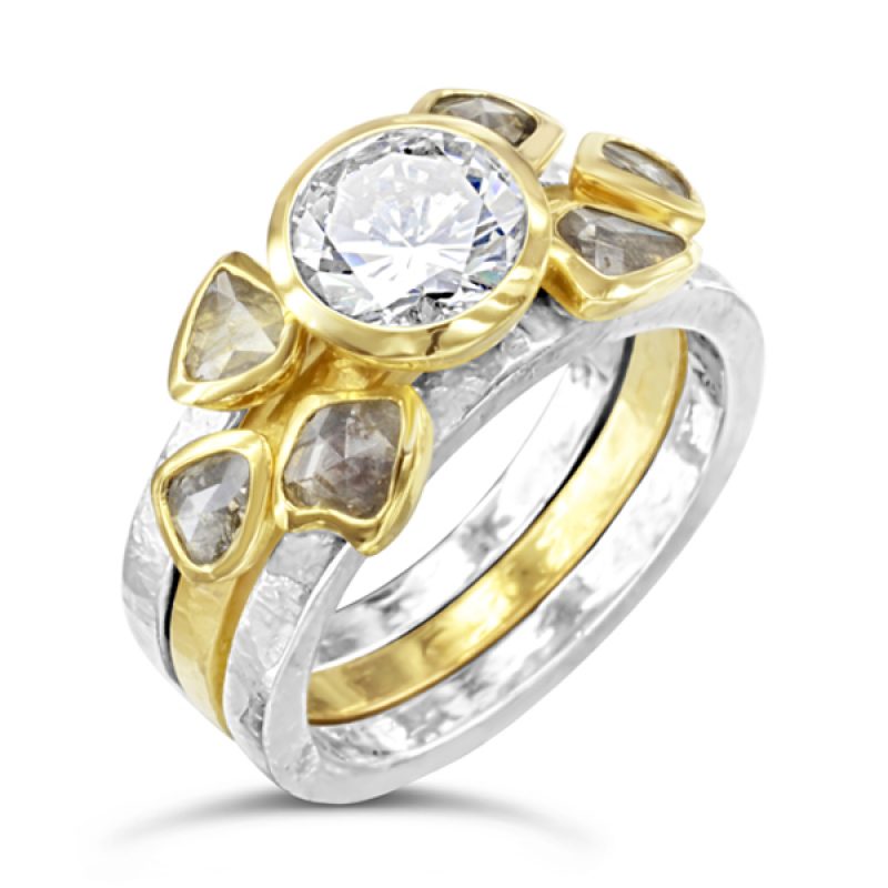 Unusual Diamond Stacking Rings pictured featuring a 1ct round brilliant cut diamond and six rough diamonds. Hand made in platinum and 18ct yellow gold