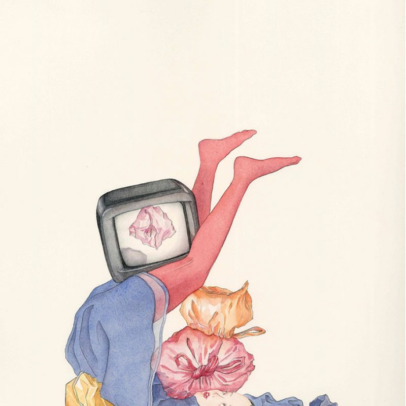 A drawing shows a girl laying on her back with her legs in the air. She is surrounded by garbage bags. She is wearing a blue dress and pink tights