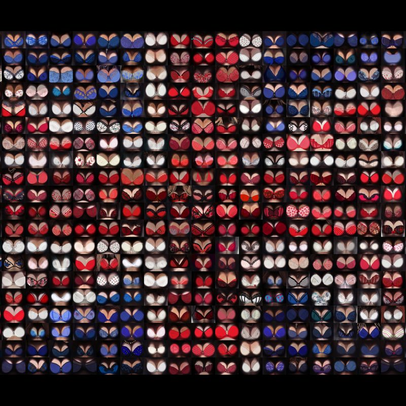 The Union Jack in a photo collage of hundreds of coloured bras