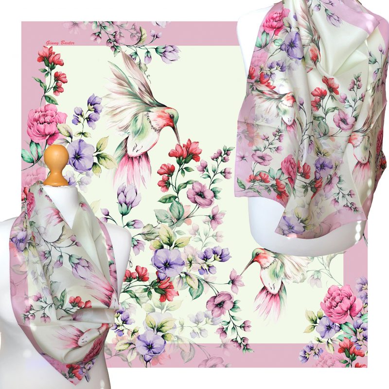 Silk Satin Scarf with florals and Humming Birds-soft pastel colour, artwork was originally painted in Watercolour.