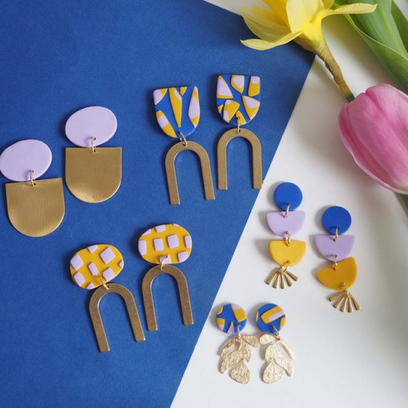 Abstract blue clay and brass earrings, lightweight contemporary earrings, patterned clay and brass earrings