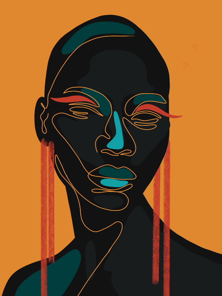 portrait of a black woman with long red pendant earrings. An orange line highlights the face features. The background is the same orange as the line
