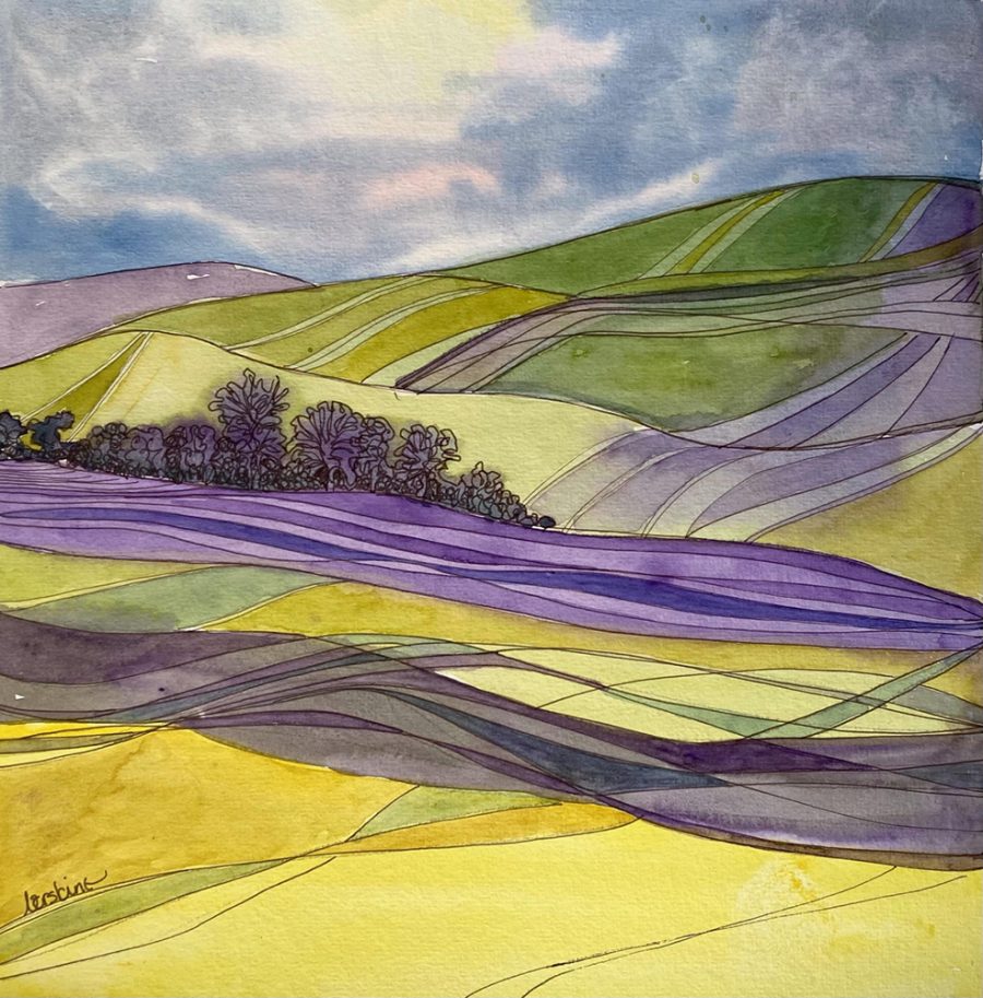 Sussex downlands with a stylised ink and watercolour wash
