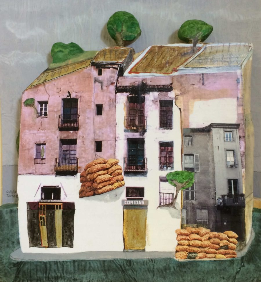 A mixed media piece on wood. Quirky houses painted pink with sacks of food being hoisted up. Playful