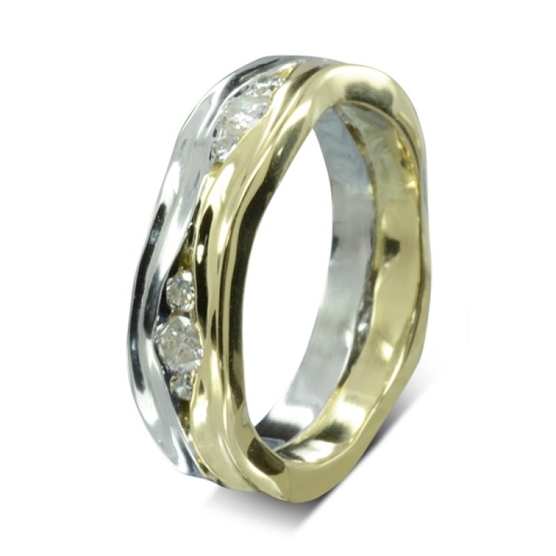 This Two Colour Gold Diamond Trap Eternity Ring is pictured in platinum and 18ct yellow gold set with 1ct of round diamonds: five 3mm round 0.10ct and ten 0.25mm rounds at 0.5cts. 