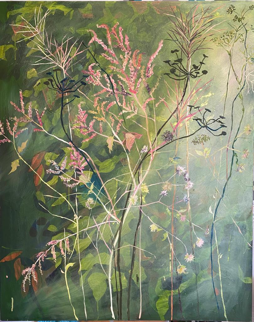 Oil, emulsion and gesso on canvas, 100 x 80 cm, layered leaves and wild flowers in pinks and greens 