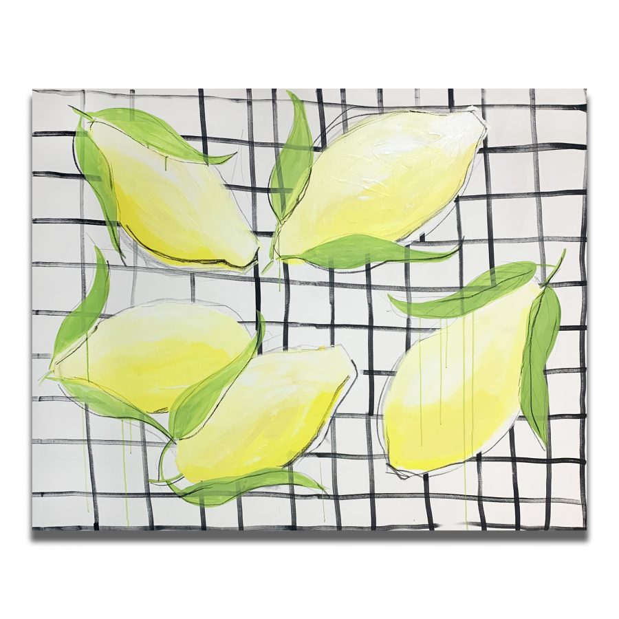 This is a large painting, 160 x 130 cm. a black and white grid with vibrantly yellow lemons painted with energised brushstrokes; infused with a bold use of colour and form                                                                                use of colour and form. 