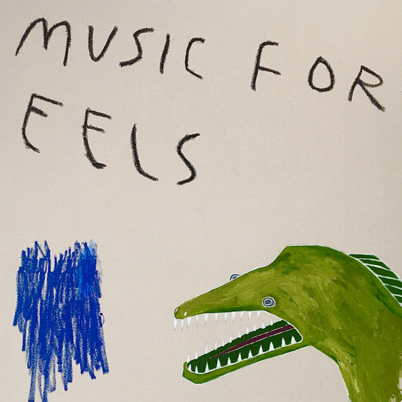 the white canvas shows on the left down corner the drawing of a green eels. On the right down corner blue brushstrokes. In the upper part the writing Music for Eels