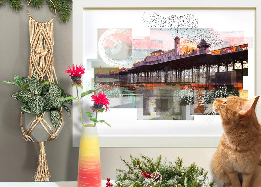 Framed print, vase ,macrame wall hanger and ginger cat Percy