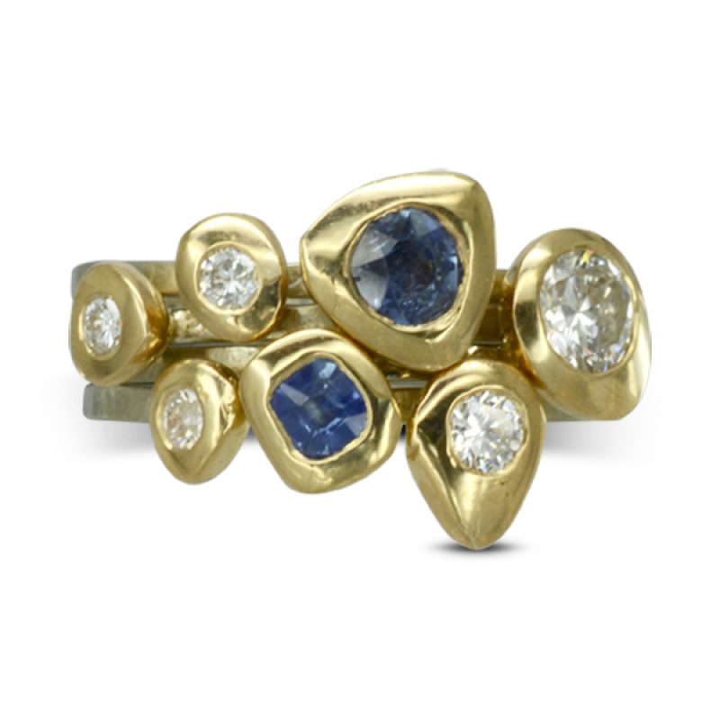 Sapphire Diamond Pebble Stacking Ring featuring sapphires and old cut diamonds set into 18ct gold pebble settings.