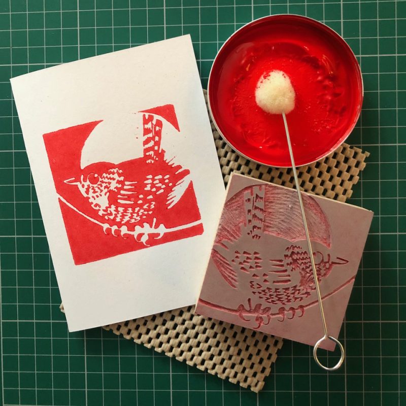 Lino Printing kit featuring a red Wren 
