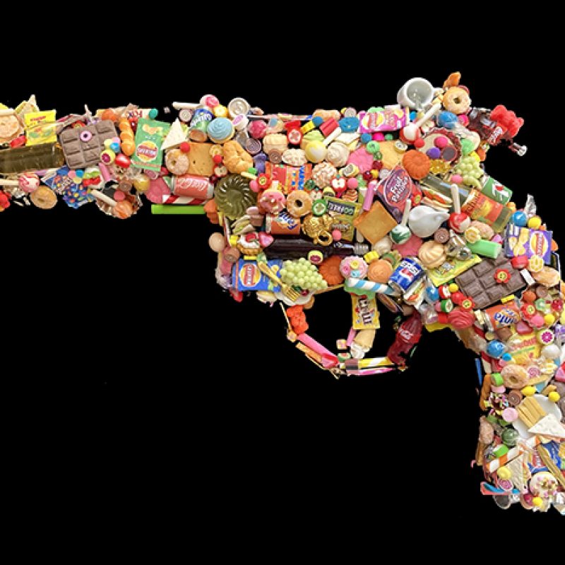 a gun made entirely of handmade miniature candy sweets