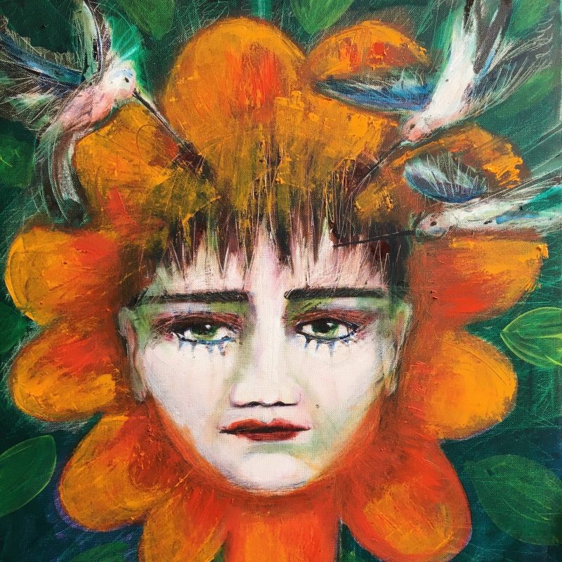 A face staring out of the canvas... three humming birds fly around her head in the centre of vivid orange petals.  The birds appear to be telling her something and the figure wants to tell us something. 
