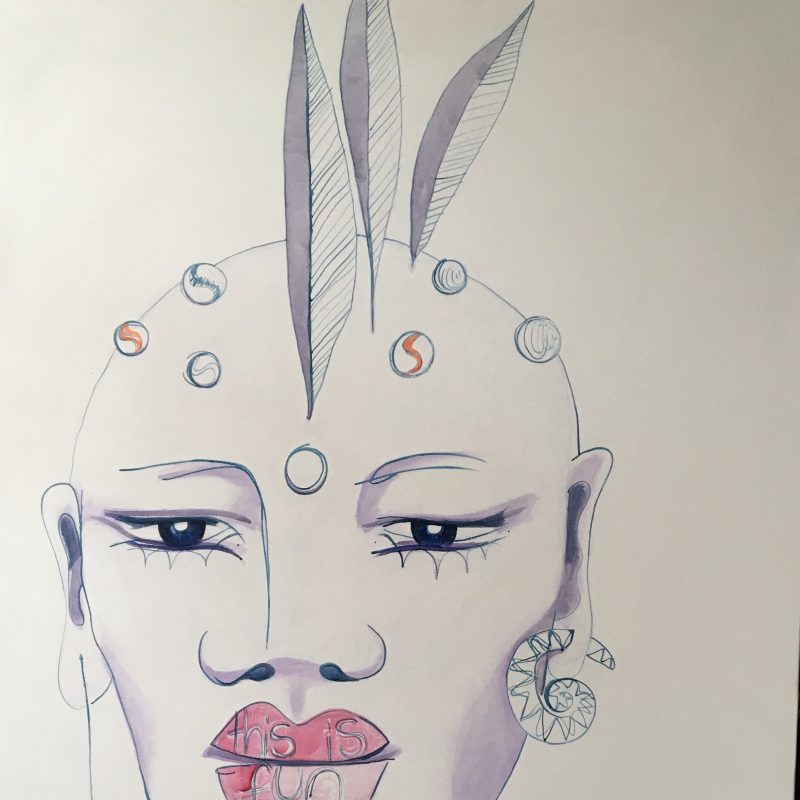 Large oil painting in a simple bold graphic style.  Blue lines, pink lips.  A large head with marbles, three feathers rise from the centre.  