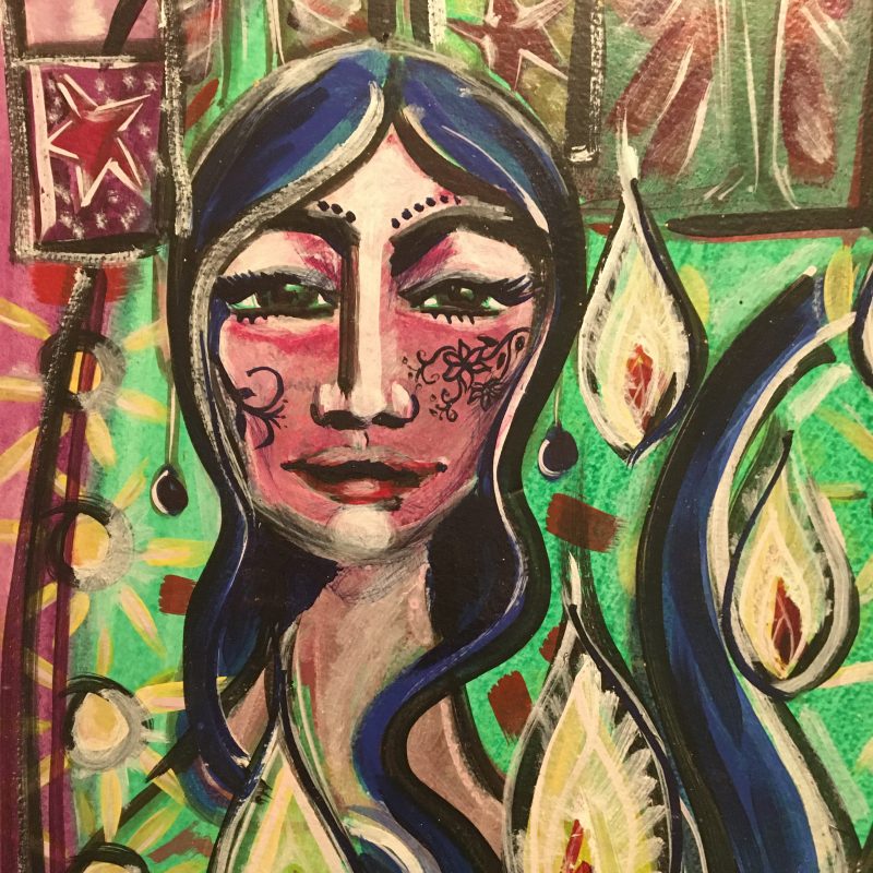 A woman with blue hair that falls down into a river stairs out from the picture.  Flames light the length of the river and she has plants tattooed on her face.  She has a long neck stars and suns frame her.
