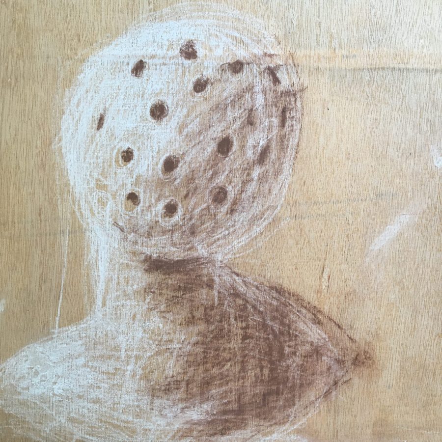 A brown and white conté drawing on wood board of a head and shoulders, small dark holes appear all over the head.