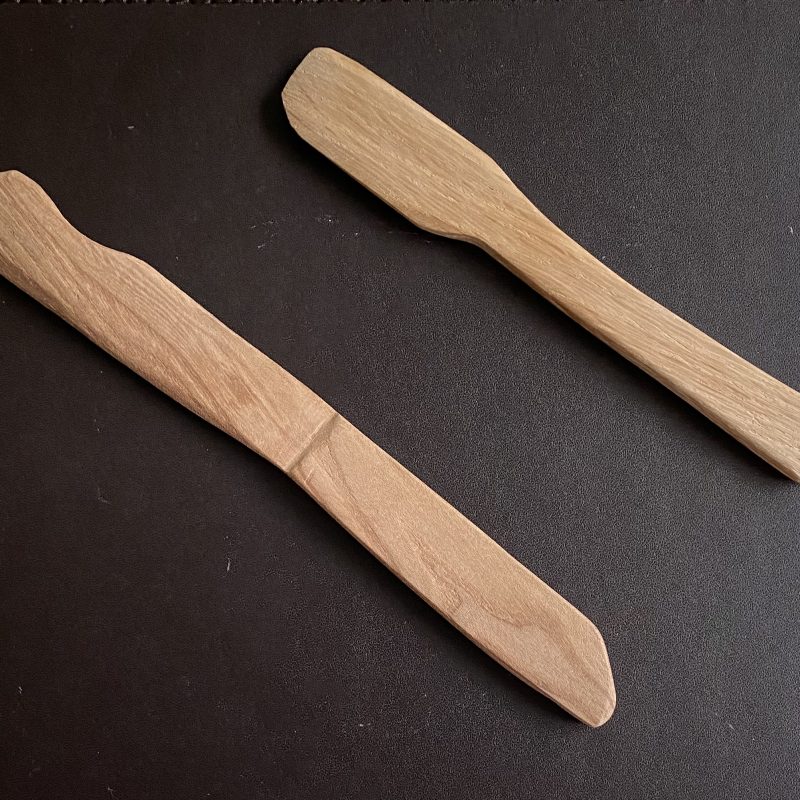 A butter knife and Soft cheese Knife made of oak and elm