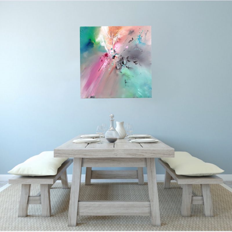 Abstract Pink Teal, on square canvas with lots of explosive movement, swirls and moments of calm reflection 