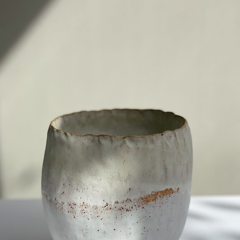 Dark stoneware - Thrown & pinched , Mixed glazes dip and brush applied, 24k gold lustre