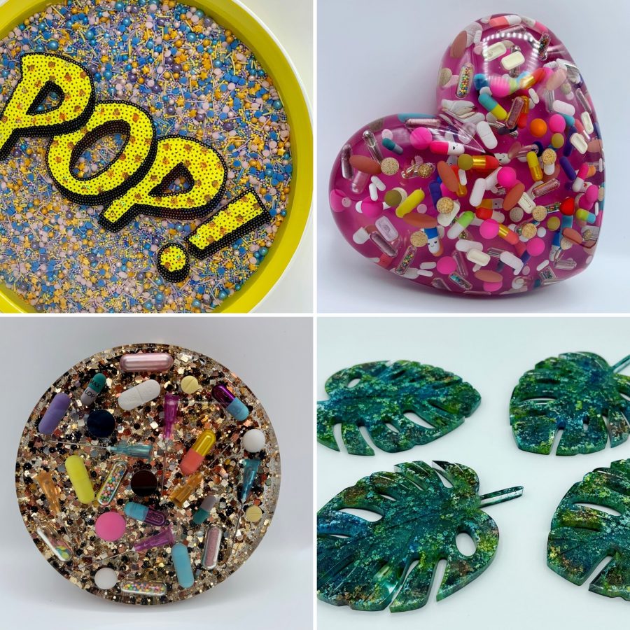 Mixed media resin art including our best selling epoxy resin pill petri coasters.