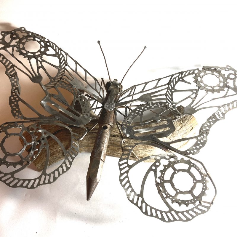 scrap metal sculpture of a butterfly