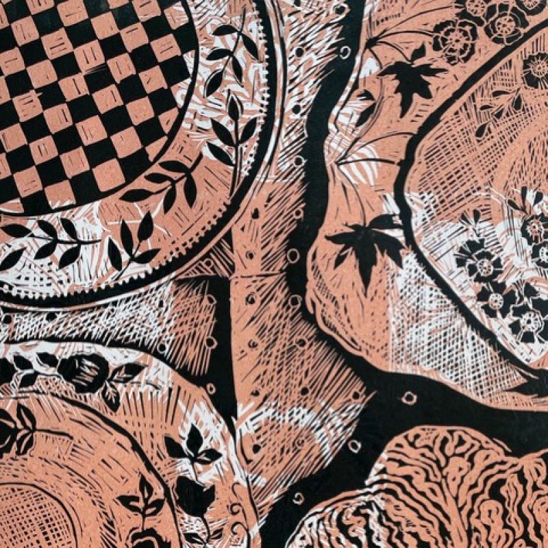 A multi layered linoprint of four decorative plates