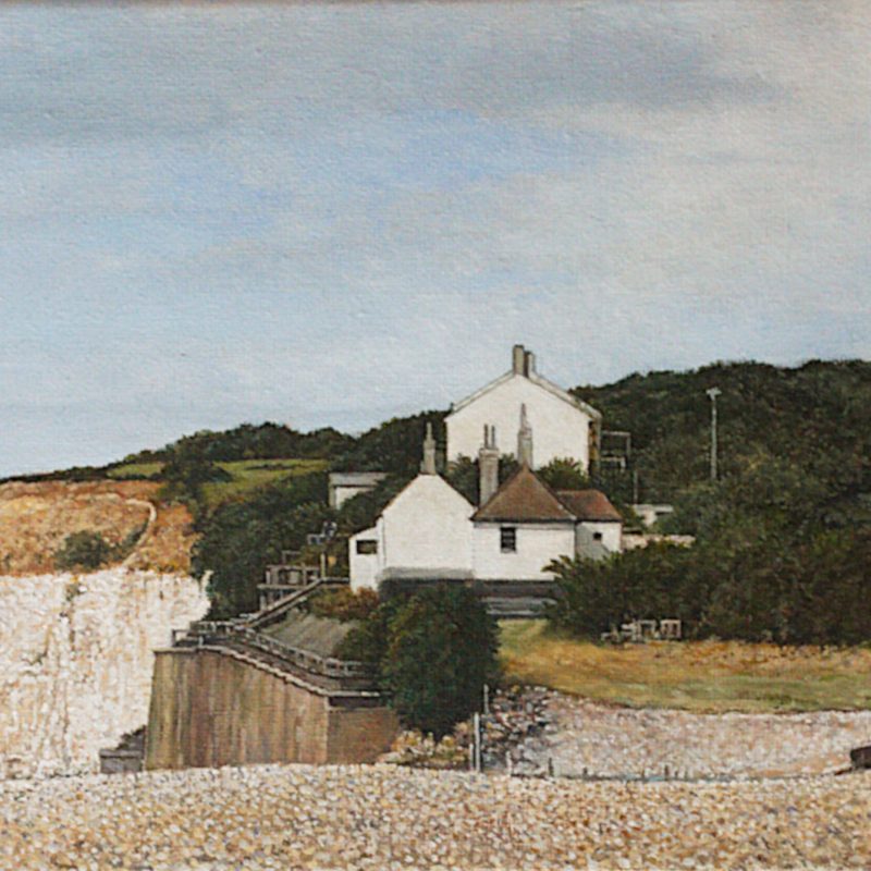 My aim was to sketch and paint this from a different perspective from the usual viewpoints of the famous Coastguard cottages. I achieved my goal, but also learned an important lesson in the process…….. siting on apparently dry pebbles = wet backside