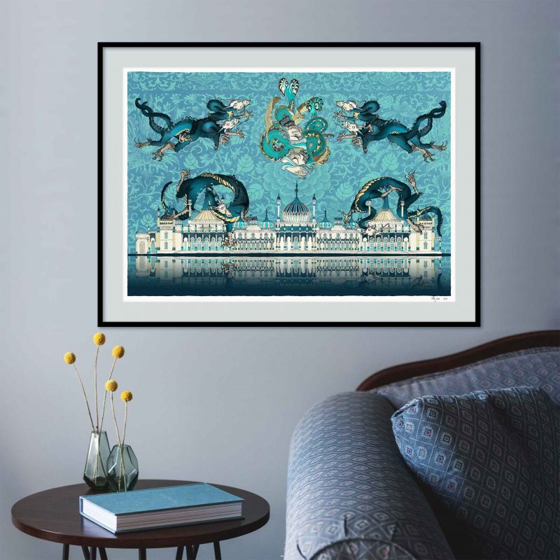Lose yourself in a dream of deep blue where paired Asian dragons and mythological dolphins populate this architectural art print of the West elevation of the Brighton Royal pavilion. The colour palette 'Crystal Blue' uses sapphire, teal and navy blues. Reminiscent of distant exotic shores of blue lagoons with white sandy beaches. The background has East Asian-Victorian motifs of chrysanthemum and lotus flowers which echoes the Chinoiserie interior style and decorations of the Royal Pavilion.