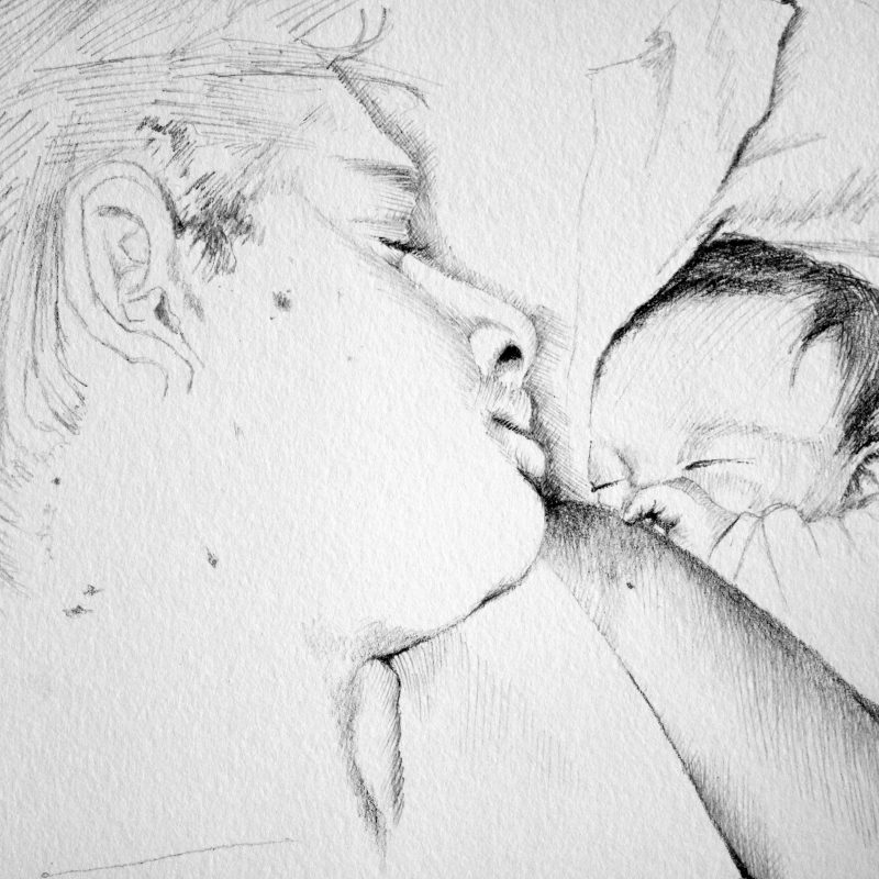 Drawing of a father and baby son, pencil on paper, 30 x 21cm